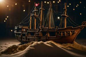 a model of a pirate ship in the sand. AI-Generated photo