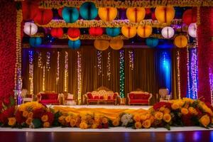 a colorful wedding stage with lanterns and flowers. AI-Generated photo