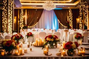 a wedding reception with candles and white linens. AI-Generated photo