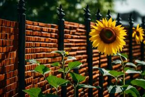 a sunflower is standing in front of a fence. AI-Generated photo