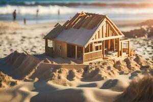 a model house is sitting on the sand in front of the ocean. AI-Generated photo