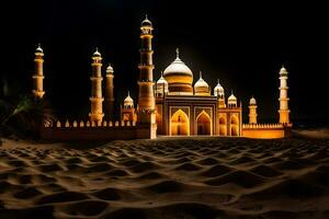 un mezquita iluminado arriba a noche en el desierto. generado por ai foto