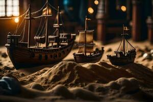 un miniatura Embarcacion es sentado en un arena duna. generado por ai foto
