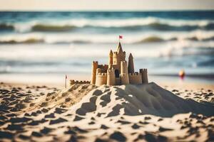 un arena castillo en el playa con un bandera. generado por ai foto