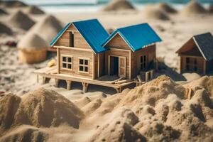 a miniature wooden house on the beach with sand. AI-Generated photo