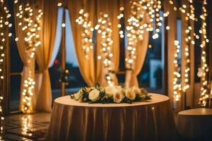 a table with flowers and candles in front of curtains. AI-Generated photo