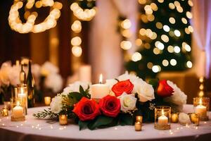 a table with candles and flowers in front of a christmas tree. AI-Generated photo