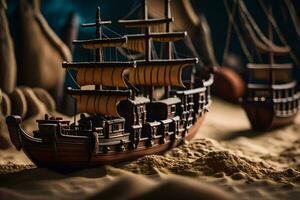 a model of a pirate ship in the sand. AI-Generated photo