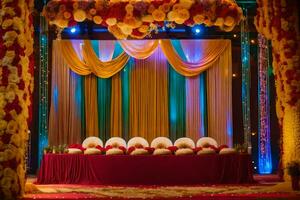 un Boda etapa decorado con vistoso flores y cortinas generado por ai foto