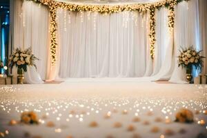 un Boda ceremonia con blanco cortinas y velas generado por ai foto