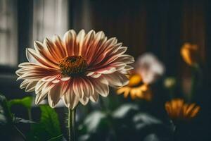 a flower is shown in front of a window. AI-Generated photo