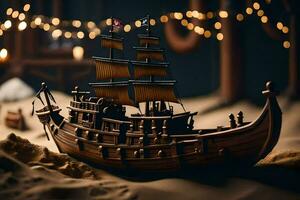 a model of a pirate ship in the sand. AI-Generated photo