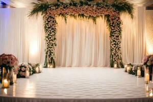 a wedding ceremony with a floral arch and candles. AI-Generated photo