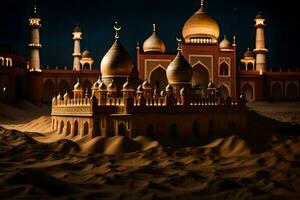 a sand castle with a mosque in the middle. AI-Generated photo