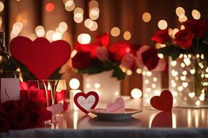 a table with red hearts and wine bottles. AI-Generated photo