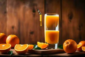 an orange juice is sitting on a wooden table. AI-Generated photo