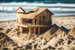 a miniature house on the beach with sand. AI-Generated photo