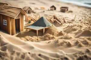 un miniatura de madera casa en el playa. generado por ai foto