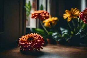 orange flowers on a window sill. AI-Generated photo