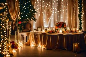 a wedding reception table with candles and lights. AI-Generated photo