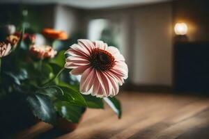 a flower in a vase on a wooden floor. AI-Generated photo