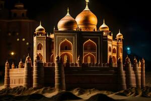 a sand castle made to look like a taj mahal. AI-Generated photo