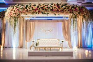 an elegant wedding stage with white couches and flowers. AI-Generated photo