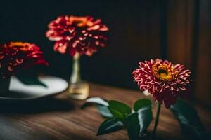 Tres rojo flores en un mesa. generado por ai foto