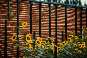 sunflowers are growing along a fence. AI-Generated photo