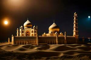 el Luna es brillante terminado un mezquita en el desierto. generado por ai foto