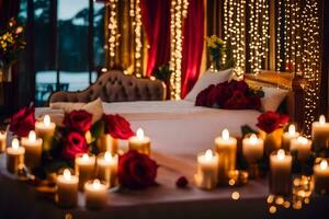 a bed with candles and roses in front of a curtain. AI-Generated photo