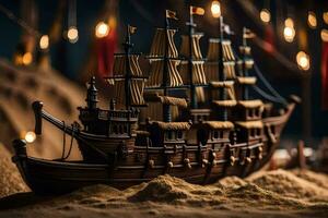 a model of a pirate ship in the sand. AI-Generated photo