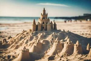 a sand castle on the beach. AI-Generated photo