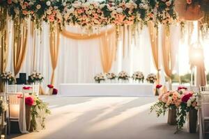 a wedding ceremony with flowers and chairs. AI-Generated photo