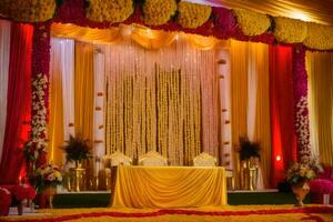 a wedding stage decorated with yellow and pink flowers. AI-Generated photo