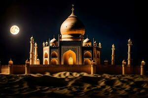 el taj mahal es iluminado arriba a noche. generado por ai foto