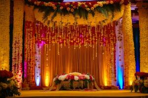 a wedding stage decorated with flowers and garlands. AI-Generated photo