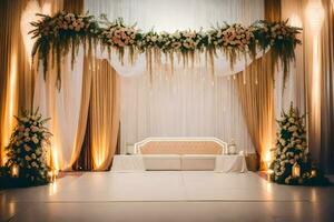 an elegant wedding stage with a white couch and flowers. AI-Generated photo