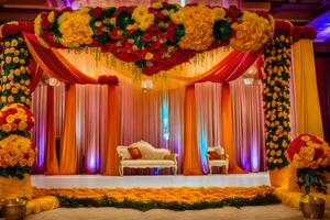 an indian wedding stage decorated with yellow and orange flowers. AI-Generated photo