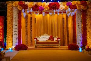 a stage decorated with red and yellow flowers. AI-Generated photo