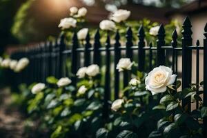 white roses are growing in front of a black fence. AI-Generated photo