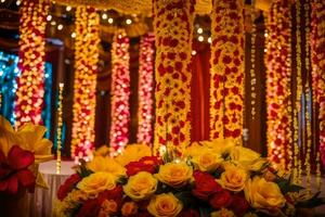 a wedding reception with red and yellow flowers. AI-Generated photo