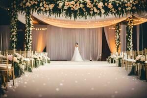 a wedding ceremony in a large room with flowers. AI-Generated photo