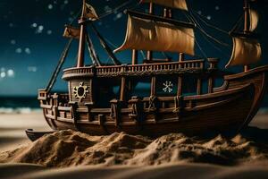 a model of a pirate ship on the beach. AI-Generated photo