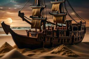 a model of a pirate ship on the beach. AI-Generated photo