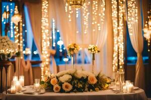 a wedding table with candles and flowers. AI-Generated photo