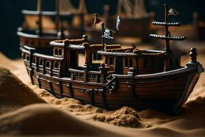 un modelo de un pirata Embarcacion en el arena. generado por ai foto