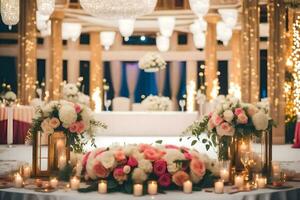 a wedding reception table with candles and flowers. AI-Generated photo