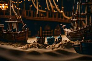 a miniature pirate ship in the sand. AI-Generated photo