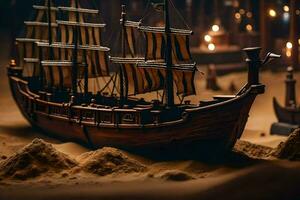 a model of a ship in a sand pit. AI-Generated photo